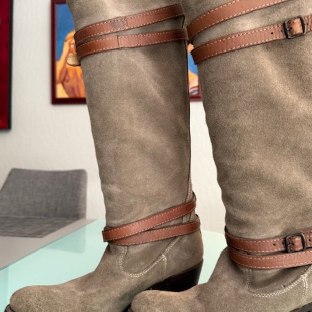 Frye Jane Tall Suede Strappy Harness Boots Women’s 7 Beige/Taupe Slouchy Western - Picture 2 of 16